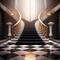 a staircase with a black and white checkered floor