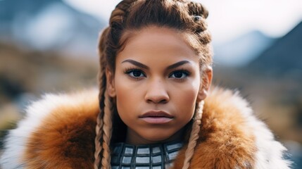a woman with braids in a fur coat - obrazy, fototapety, plakaty