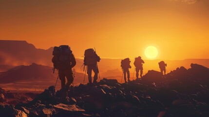 A group of explorers trekking through a rocky desolate landscape with silhouettes stark against the vast empty horizon representing the challenge and aweinspiring majesty