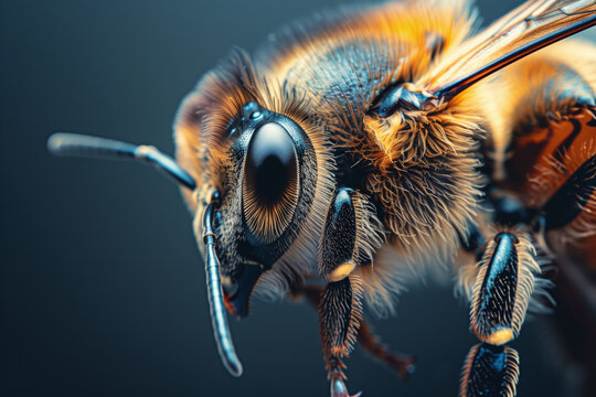 Detailed close up of a bees face, showcasing its intricate features and compound eyes, World Bee Day
