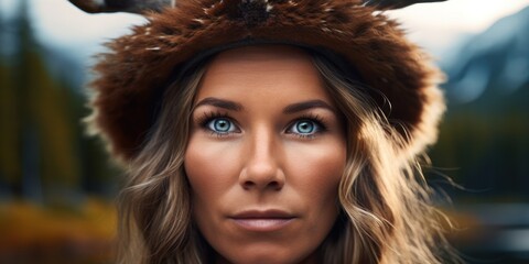 a woman with blue eyes wearing a fur hat