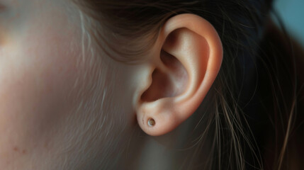 Close-up image of a woman's ear with a small round silver earring measuring 3mm in diameter. The woman has long brown hair and fair skin. The image shows a side view with no visible face. - obrazy, fototapety, plakaty