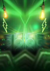 Empty background scene. Dark dj club on background flyer. Rays of neon light in the dark, neon shapes, smoke. Background of an empty stage show, party, or event. Abstract dark background