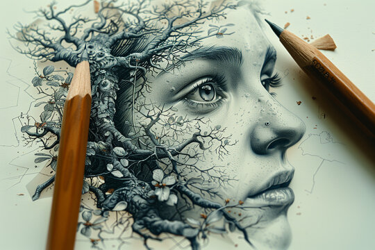 A realistic pencil sketch of a womans face, featuring intricate details and shading