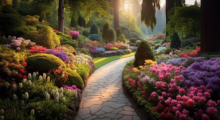 a stone path with colorful flowers - obrazy, fototapety, plakaty