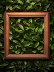 a square wooden frame surrounded by leaves