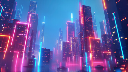 Dynamic images of a digital metropolis illuminated by a sea of neon lights promising an immersive virtual experience.