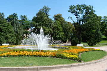 Albertpark mit Springbrunnen und Blumen in Freiberg