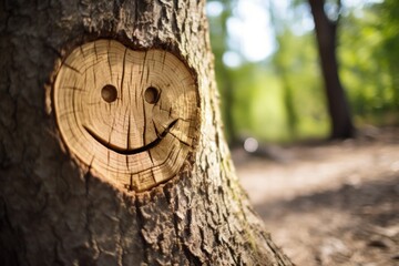a tree with a smiley face carved in it - Powered by Adobe