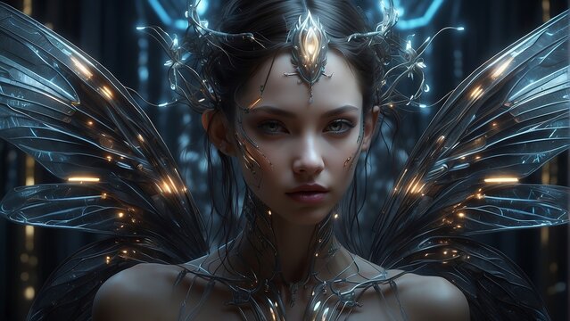 A cybernetic fairy with luminous blue wings and tessellated details
