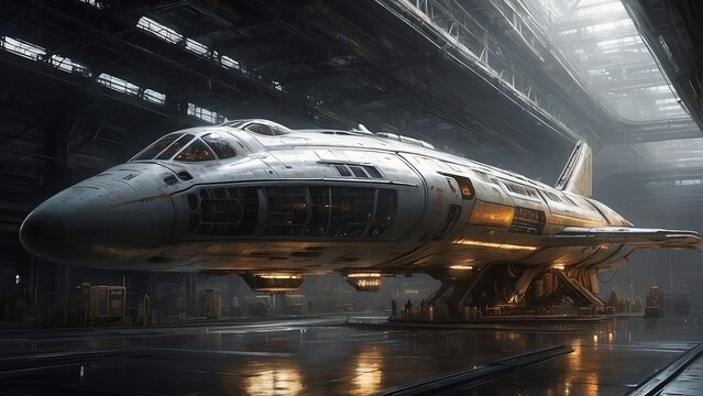 A large spaceship in a maintenance bay, with atmospheric lighting giving depth and a futuristic feel