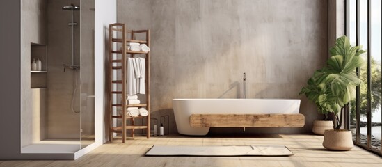 A beige bathroom featuring a bathtub, a shower, and a toilet. The shower stool and accessories are placed on a grey concrete podium, contrasting with the hardwood floor. The space is completed with a