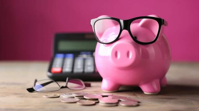 Pink piggy bank with glasses and calculator generative ai