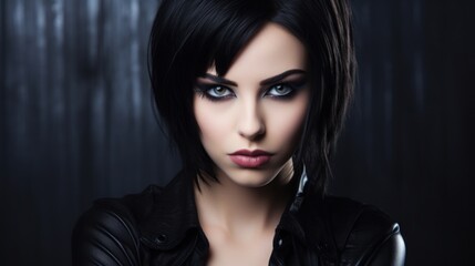 a woman with short black hair and makeup