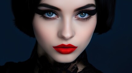 a woman with blue eyes and red lips