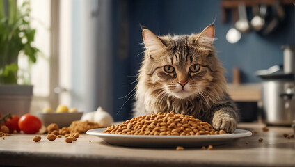 cute cat hungry with dry food