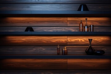 a shelf with bottles and vases on it