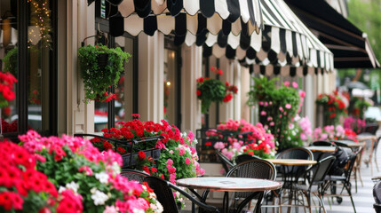 Fototapeta na wymiar A charming Parisianstyle café with black and white striped awnings wrought iron tables and chairs and vibrant floral accents.