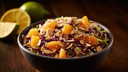 a bowl of salad with oranges and almonds - obrazy, fototapety, plakaty