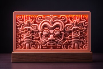 a carved red rectangular object with a red light