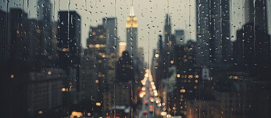 A cityscape is visible through a rain-covered window, with buildings appearing blurry due to raindrops on the glass. The rainy weather adds a unique perspective to the urban view.