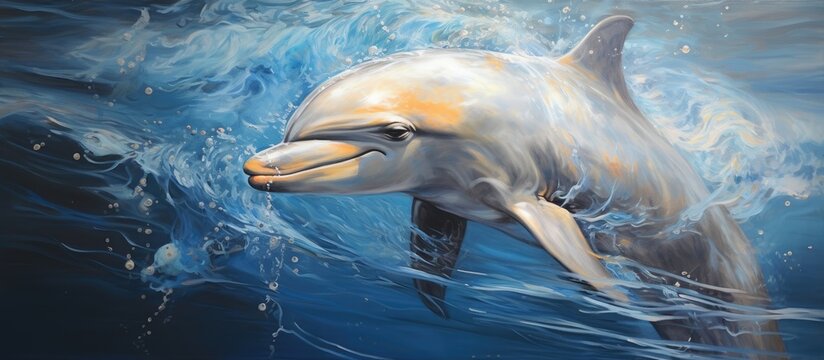 A painting depicting a dolphin swimming gracefully in the clear blue ocean water, its sleek body cutting through the waves as it elegantly moves through its natural habitat.