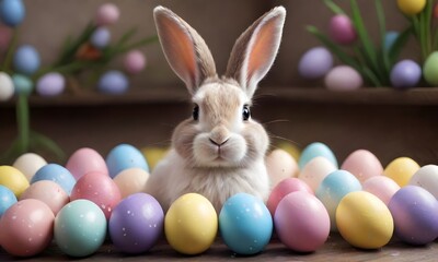 Fototapeta na wymiar A brown and white bunny sits amidst a colorful array of pastel Easter eggs. The scene exudes a festive springtime atmosphere with a hint of playful charm. AI generation