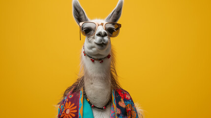 Lhama usando óculos e roupas coloridas de hippie isolada no fundo amarelo - Papel de parede 