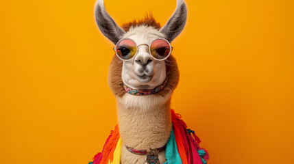 Lhama usando óculos e roupas coloridas de hippie isolada no fundo amarelo - Papel de parede  - obrazy, fototapety, plakaty