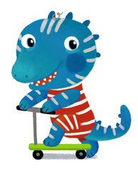 cartoon scene with dino dinosaur or dragon riding on a scooter transportation on white background illustration for children