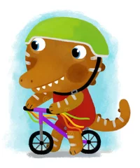 Schilderijen op glas cartoon scene with dino dinosaur or dragon riding on a bicycle bike transportation on white background illustration for children © honeyflavour