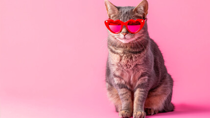 Gatinho fofo usando um oculos em formato de coração isolado no fundo rosa - Papel de parede