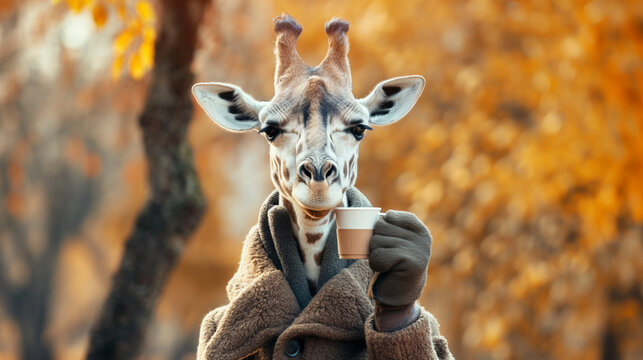 Girafa usando roupas e agasalho de inverno ao ar livre tomando um café -  Papel de parede