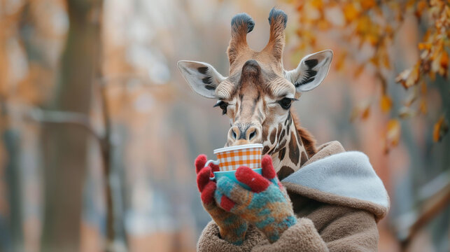 Girafa usando roupas e agasalho de inverno ao ar livre tomando um café -  Papel de parede