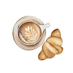 Watercolor set with coffee cup and croissant