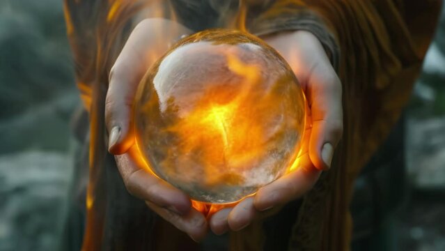 Witch hands holding crystal ball with flames inside. Halloween, magic or witchcraft concept. High quality 4k footage