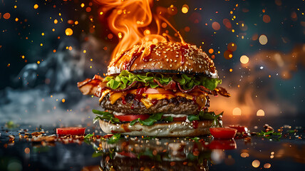 delicious burger with explosion of flavor and charcoal flames - obrazy, fototapety, plakaty