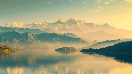 Fototapeta na wymiar mountain scenery and lake with sunset light