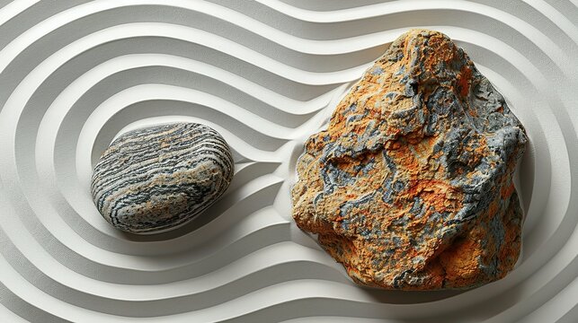 Zen rock garden. Circle pattern on white sand, top view