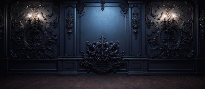 A dark room with an art nouveau wall is illuminated by a single light source, casting shadows and highlighting the intricate details of the wall design.