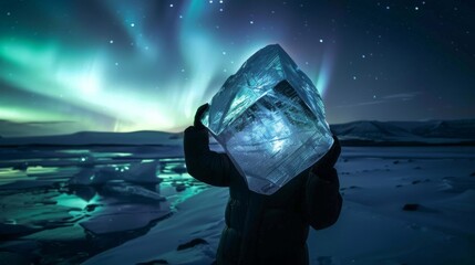 In an arctic landscape, an explorer examines a large ice crystal beneath the vibrant green aurora borealis