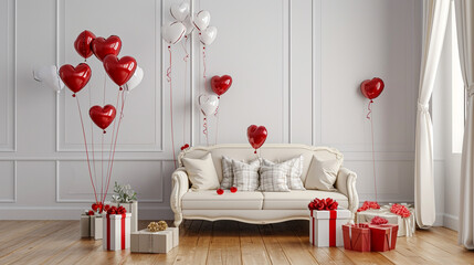 Beautiful living room decorated for Valentine's Day with balloons, sofa and gifts. Generative Ai