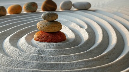 Fototapeta na wymiar Zen rock garden. Circle pattern on white sand, top view