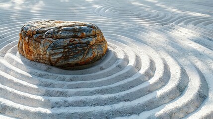 Zen rock garden. Circle pattern on white sand, top view