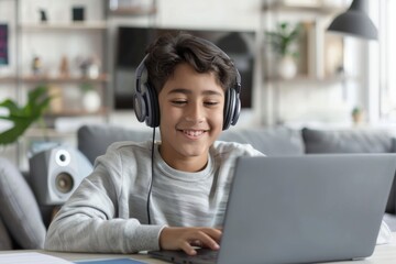 Young boy in a gray sweatshirt and headphones smiling while focused on laptop screen, suggesting entertainment or study - obrazy, fototapety, plakaty