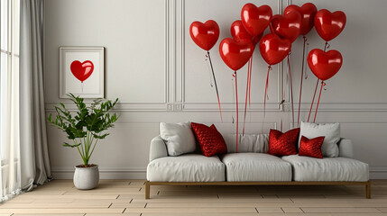 Interior of stylish living room with sofa and red balloons for Valentine's Day. Generative Ai