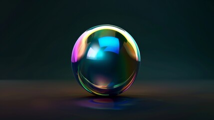 A hyper-realistic single soap bubble exudes vibrant iridescent colors on a sleek dark reflective surface with subtle highlights