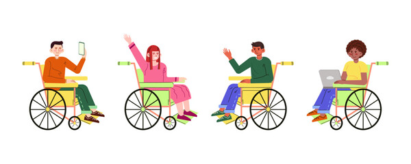 Set with different smiling people on wheelchairs. Illustrations isolated