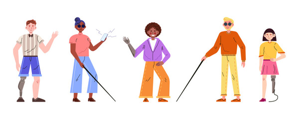 Set Disabled people. Woman and man are blind with cane, people with robotic hand and leg prosthesis. Illustrations isolated