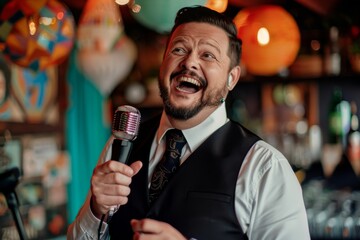 A lively male singer with a microphone, passionately performing in a bar with colorful lights - obrazy, fototapety, plakaty